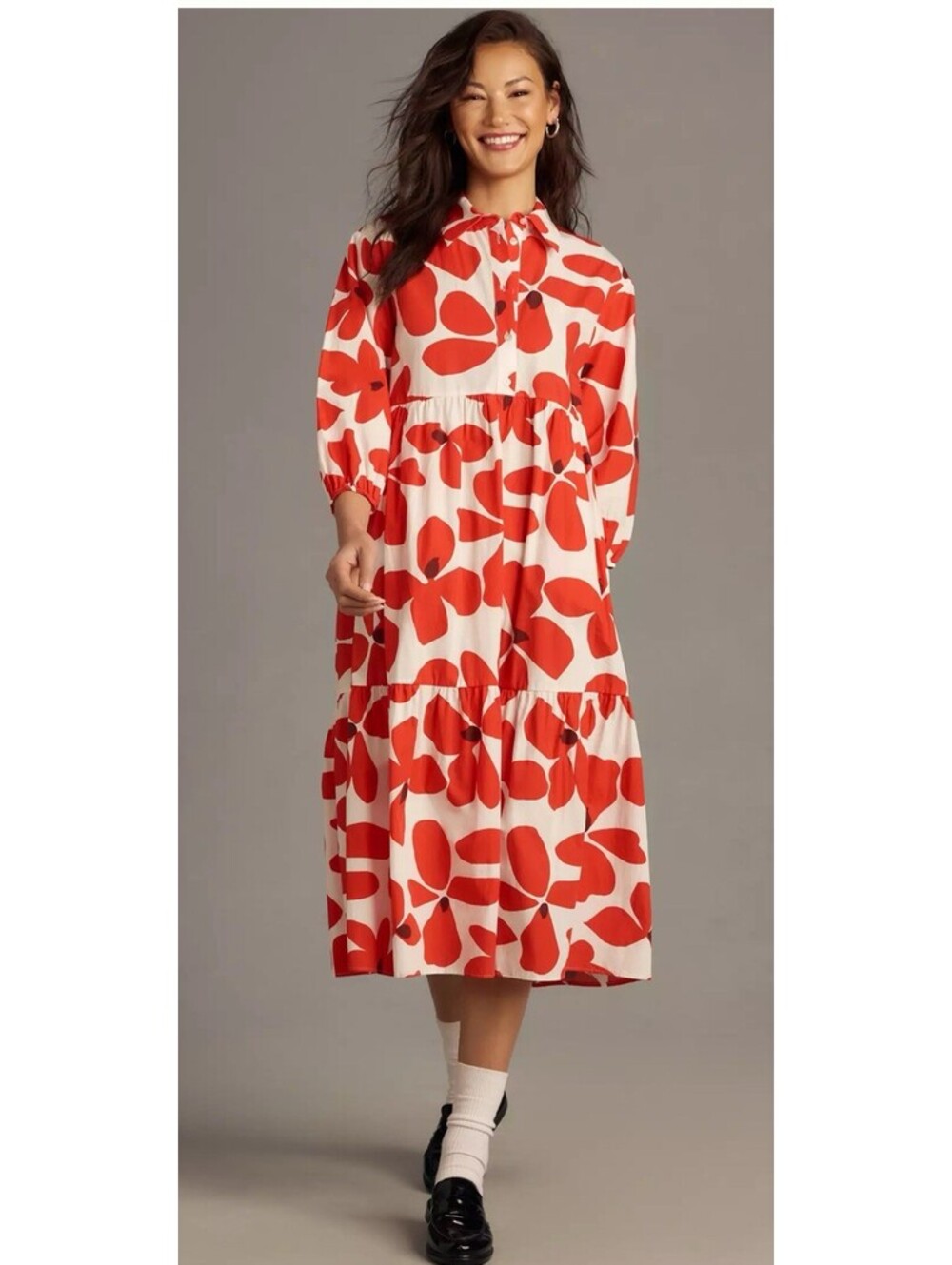 Maeve Anthropologie Floral Maxi Shirt Dress Medium Red White Cotton Belted
